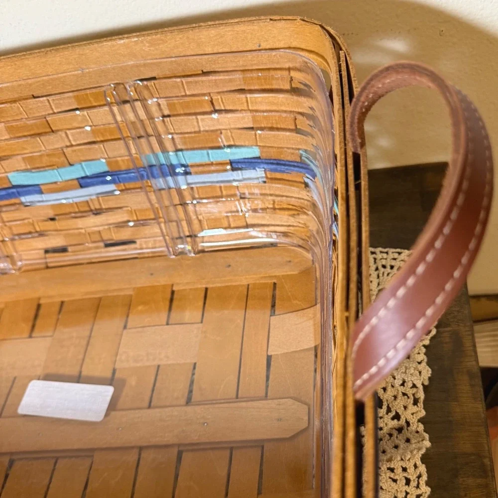 Longaberger Woven Wood Basket Leather Blue Handles Plastic Liner 17
